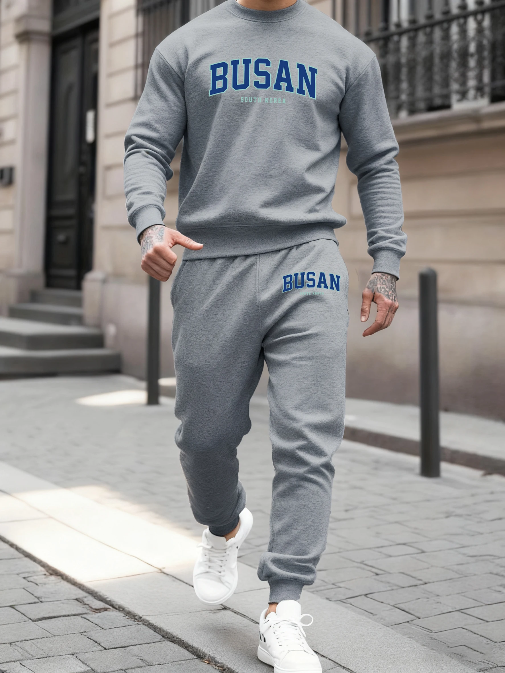 

Busan South Korea Letter Prints Men Autumn Winter Fleece Sweatshirts Pants 2 Piece Set Comfy Street Hoodie Soft Fashion Britches