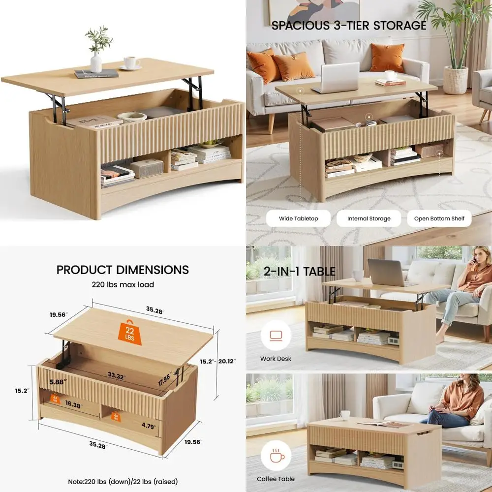 

Modern Rectangular Lift Top Coffee Table with Storage and Hidden Compartment, Fluted Dining Table for Living Room and Home Use