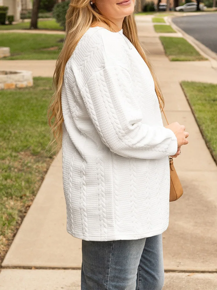 GIBSIE Plus Size Solid Color O-Neck Long Sleeve Pullovers Wanita 2025 Musim Gugur Baru Kasual Drop Shoulder Longgar Sweatshirt Atasan