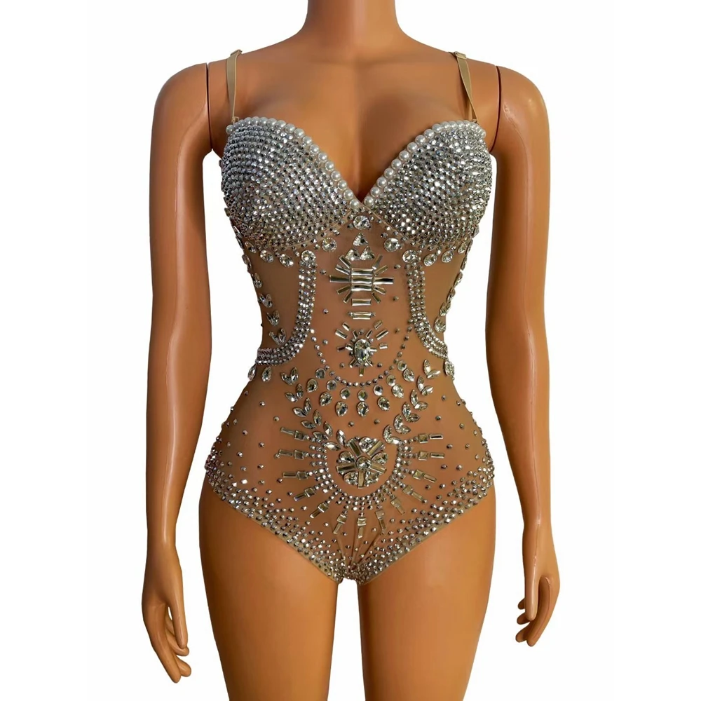 Sexy Strass Mesh Transparant Dance Leotard Vrouwelijke Crystal Bodysuit Perfance Show Kostuum Podiumkleding Vrouwen Feest Outfit