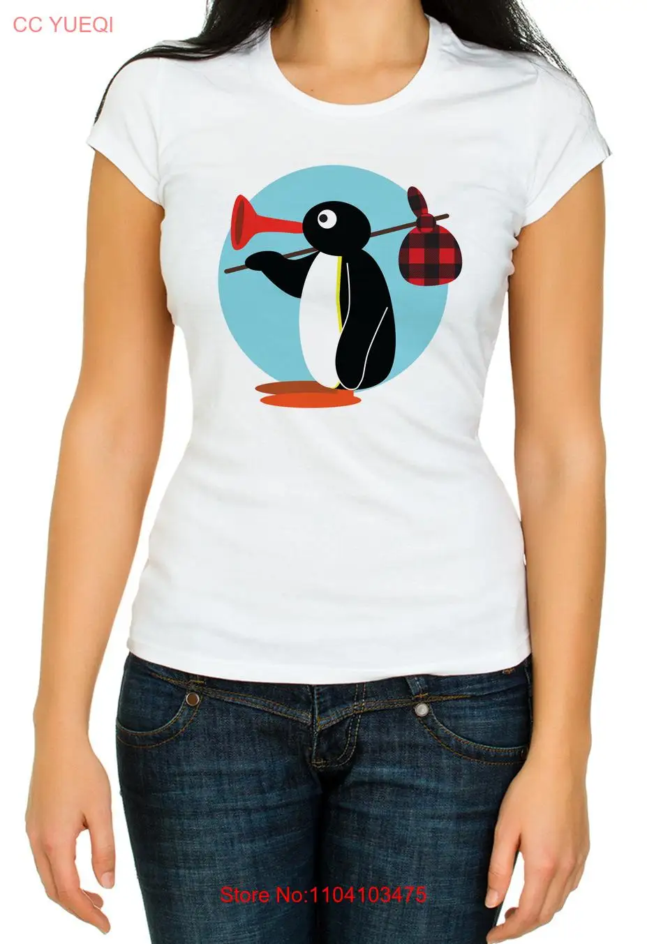 Plain design Pingu Noot Noot funny 3/4 Short sleeve White Woman T Shirt K259