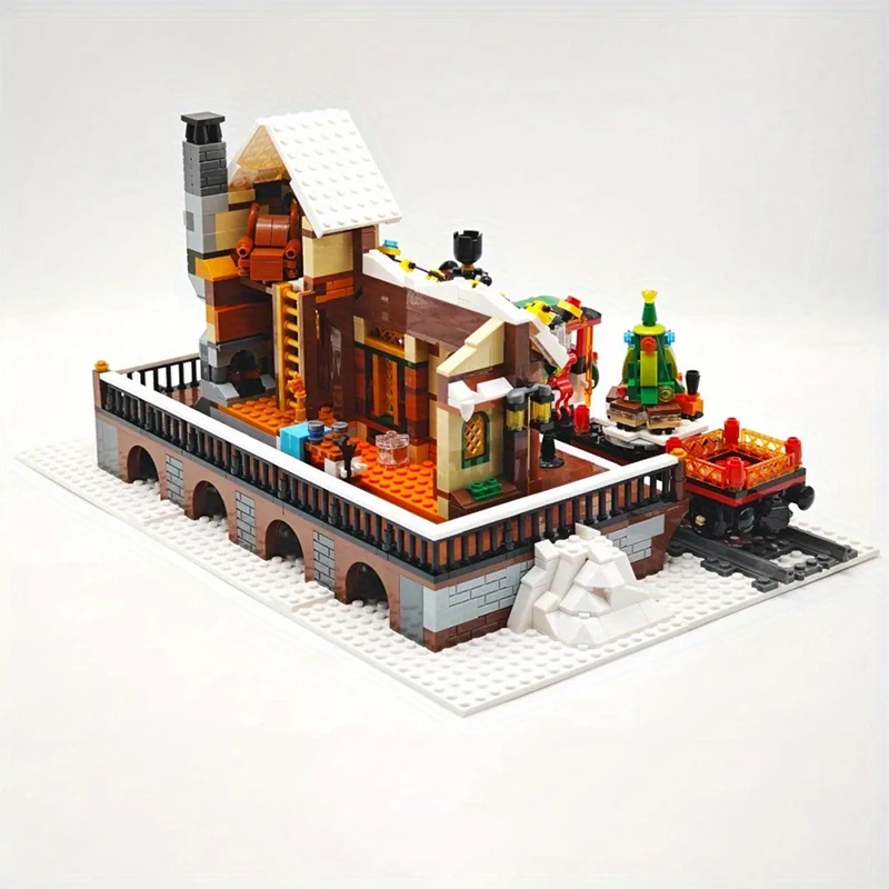 1362PCS Winter Weihnachten Bahnhof Modell Bausteine Spielzeug Kit MOC Street View Kleine Partikel Ziegel Geschenke Für Weihnachten
