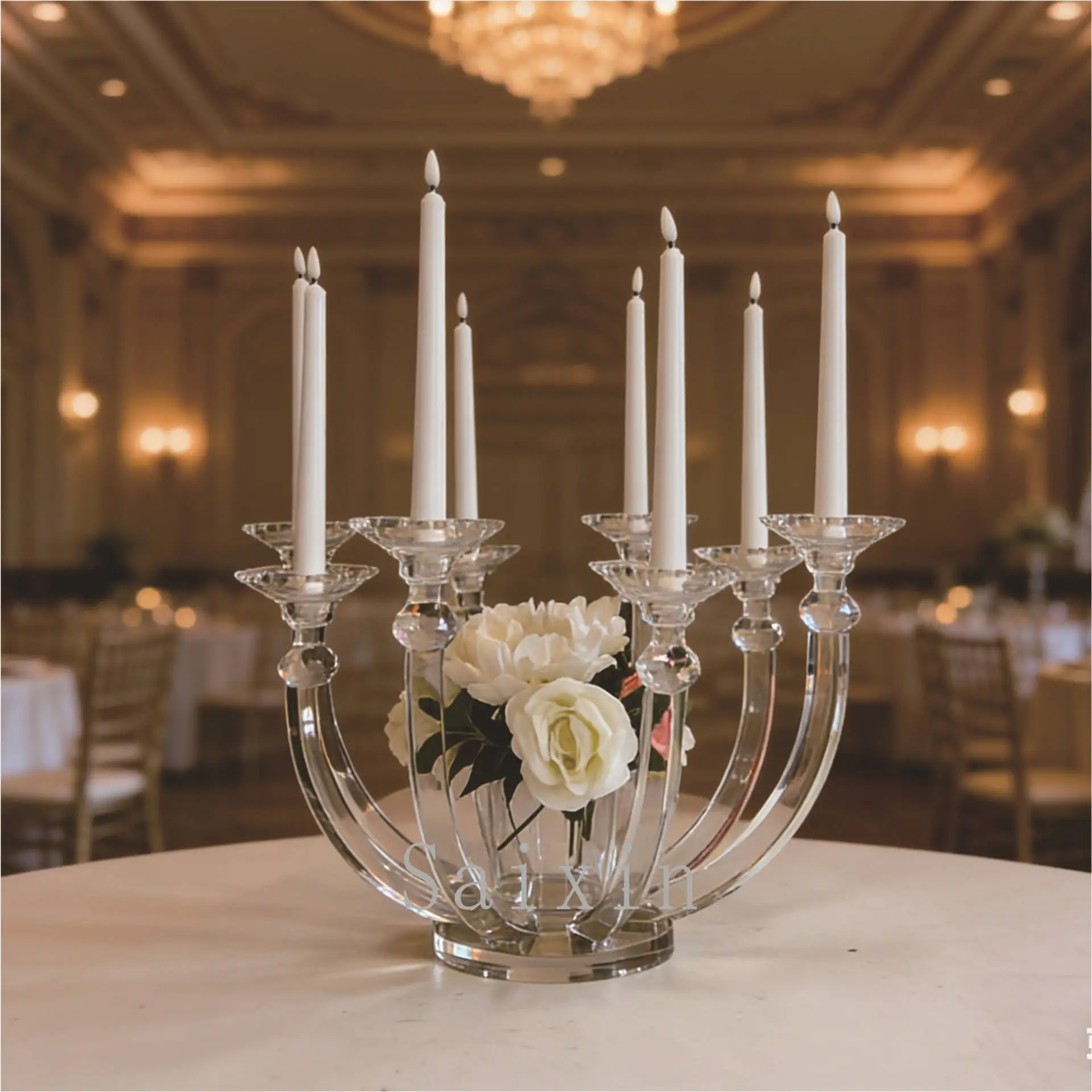 

6 шт. (набор) принадлежностей для украшения свадебных мероприятий. Хрустальный подсвечник-лотос на платформе, 8-рожковый.