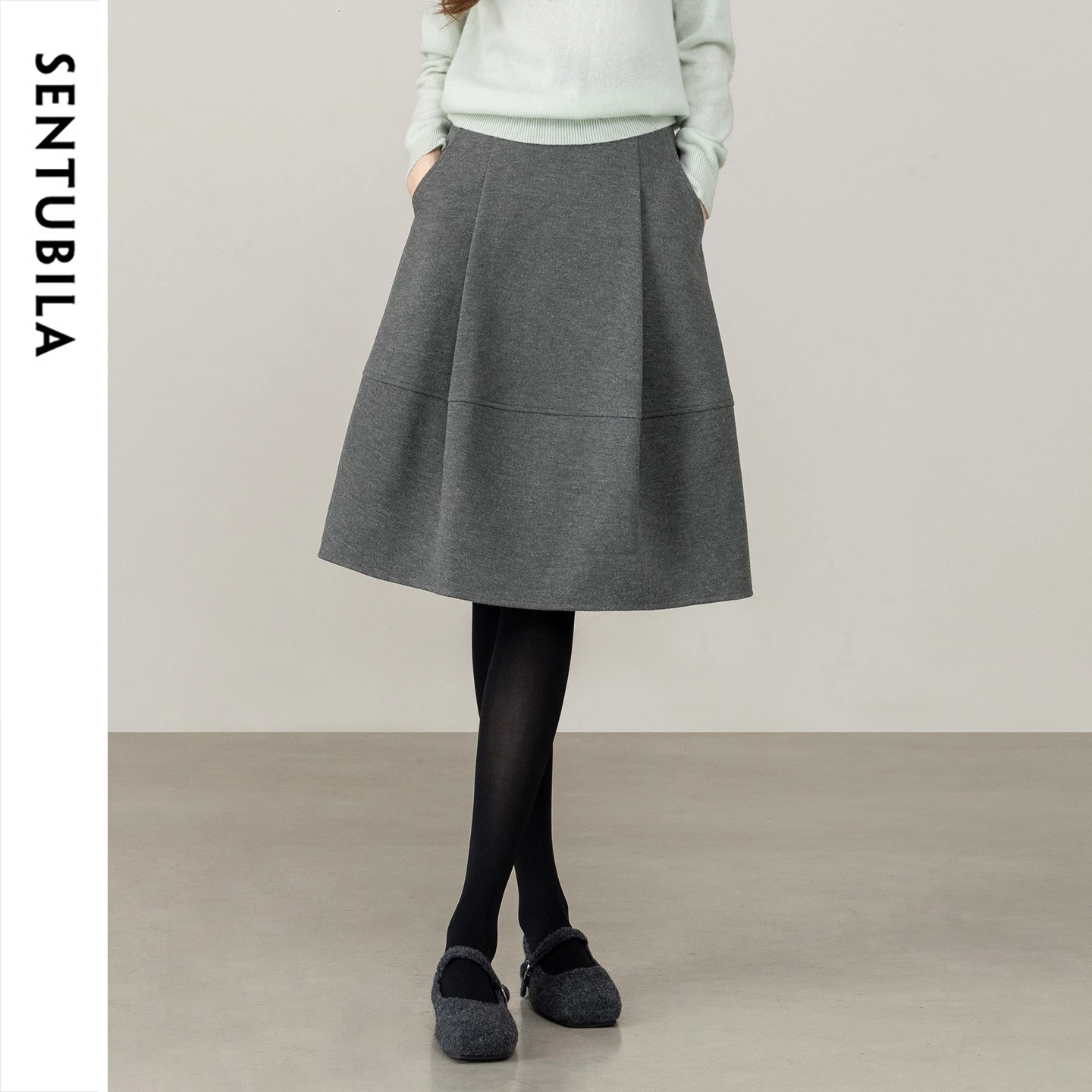 SENTUBILA Women 2026 Midi Skirt Winter High Waist A Line Front Pleated Section Spliced Elegant Loose Skirt for Female 164QG8650