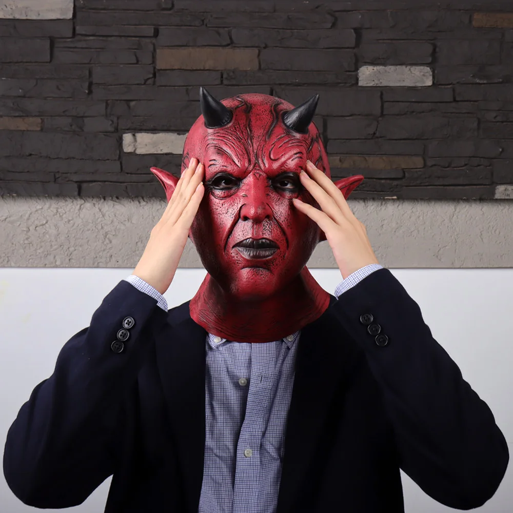 Mephistopheles Red Demon Horn Mask Cosplay Horror Devil Skull Killer Latex Helmet Halloween Carnival Party Costume Props Gifts