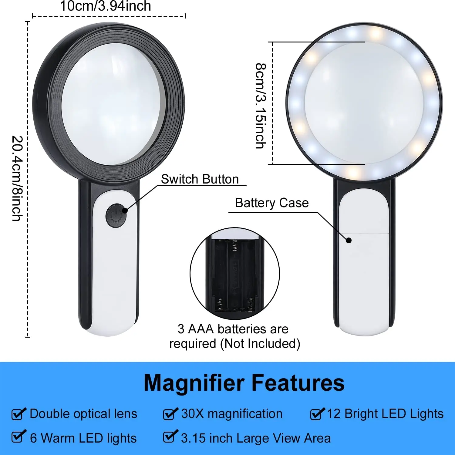 Magnifying Glass 18 LED Lights 30X Double Glass 3 Modes High Power Lens Handheld Illuminated Magnifier Reading  Tool