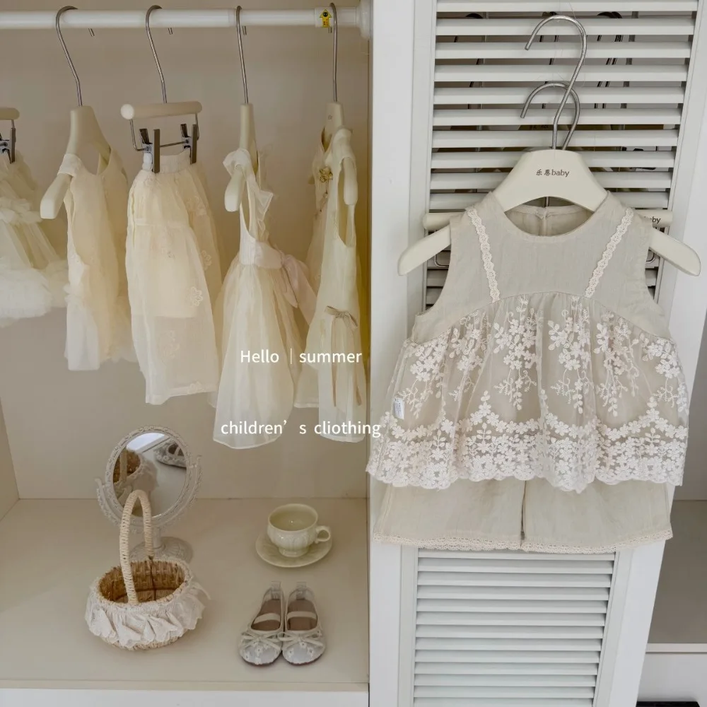 

Original Design Girls 2Pcs Summer Outfit, Lace Ruffle Tulle Tank Top Wide Leg Pants Fake Two-piece Set for 73-130cm