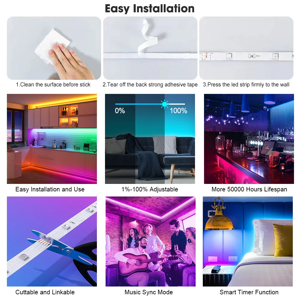 LED Strip Lights Bluetooth APP Control SMD 5050 RGB Flexible Led Tape Diode Ribbon IR 24key Controller DC Adapter Set Decoration