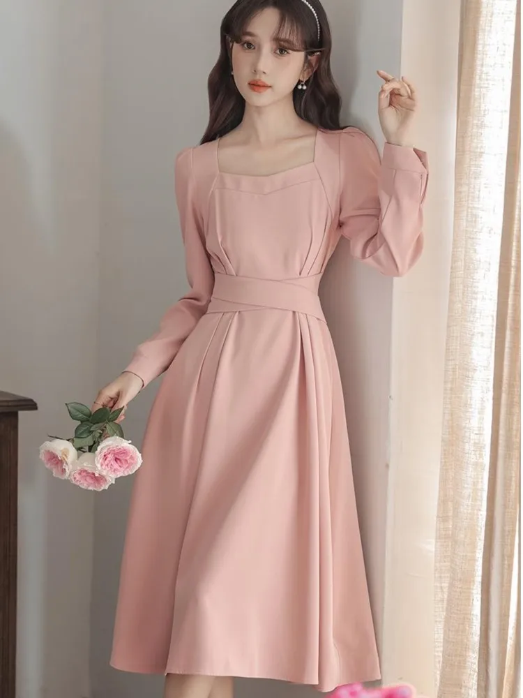 

French Elegant Square Collar Midi Dress for Women Long Sleeve Slim Waist A-line Vestidos Vintage Chic Evening Party Robe Mujer