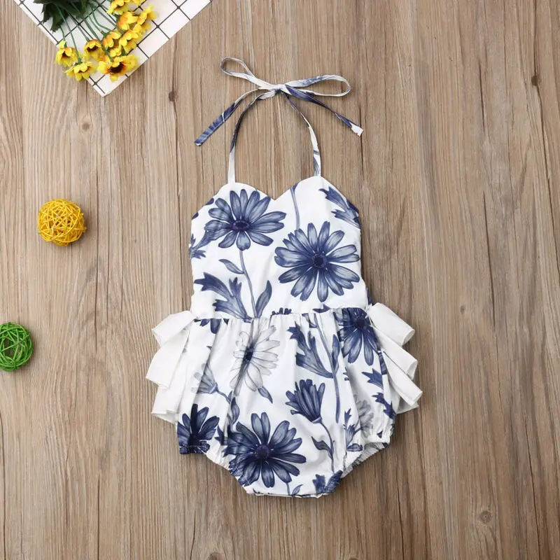 

Summer Clothing Newborn Baby Girl Floral Clothes Strap Jumpsuit Floral Bodysuit Backless Sunsuit Lace Ruffled Outfit