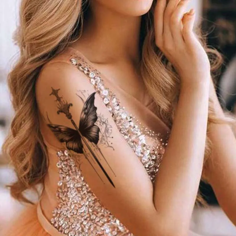 Long-lasting waterproof temporary tattoo stickers simulated non-reflective butterfly sword pattern fake tattoo on women's arm