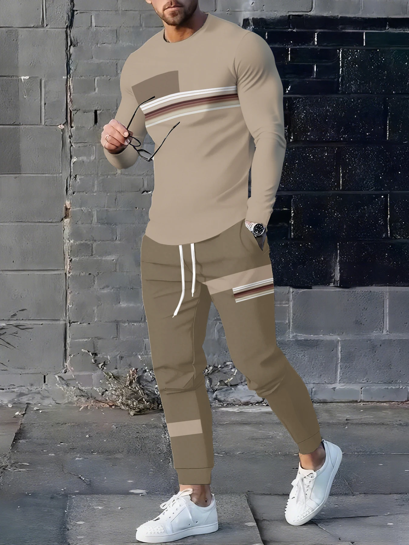 Nova primavera e outono camiseta de manga longa masculina e calças compridas definir diário rua moda masculina camiseta de manga longa