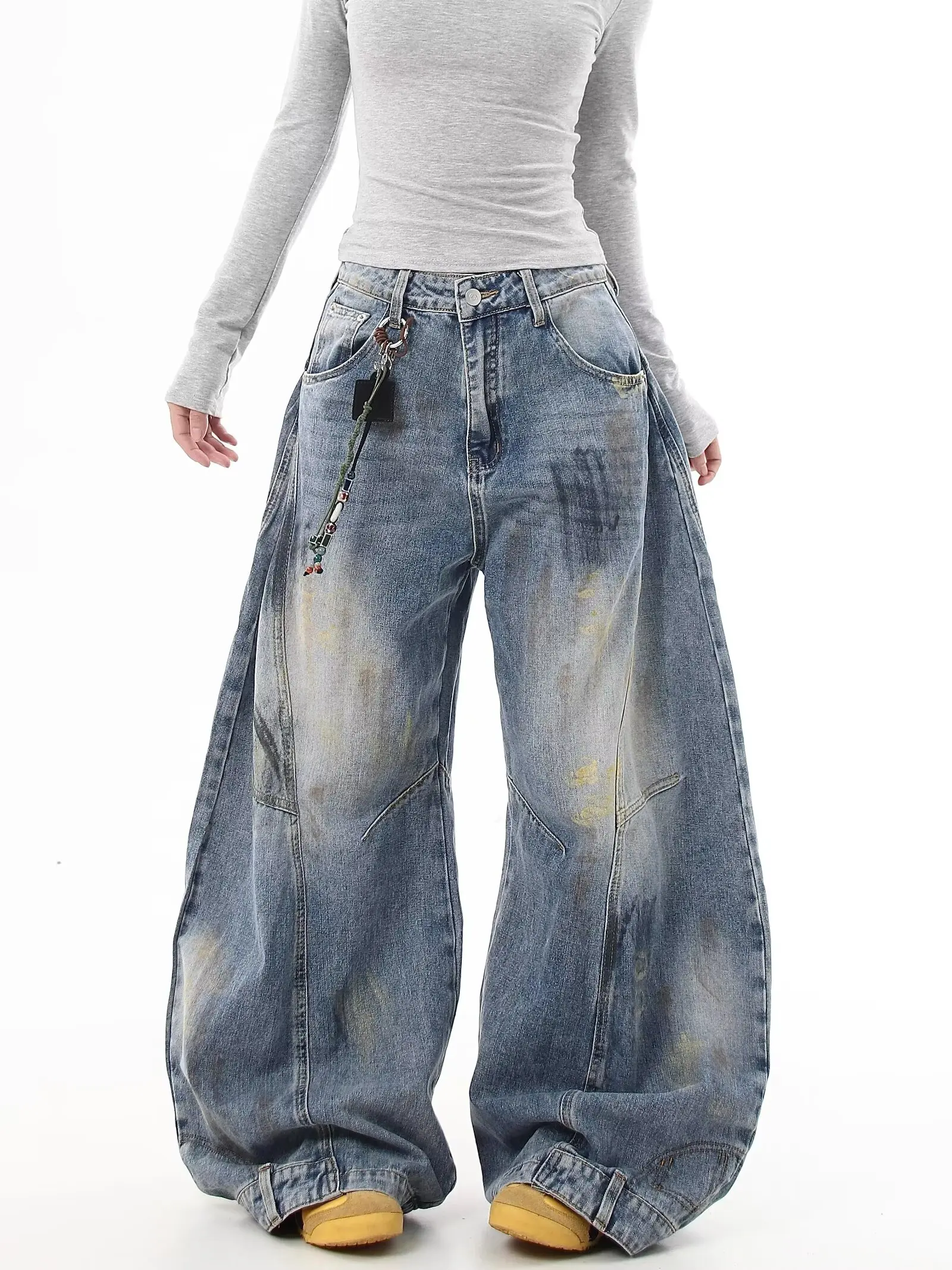 

Ретро американские fiti Distred Knife Широкие джинсы Свободный крой Мужчины Женщины Дизайн Sensation Повседневные джинсы прямого кроя