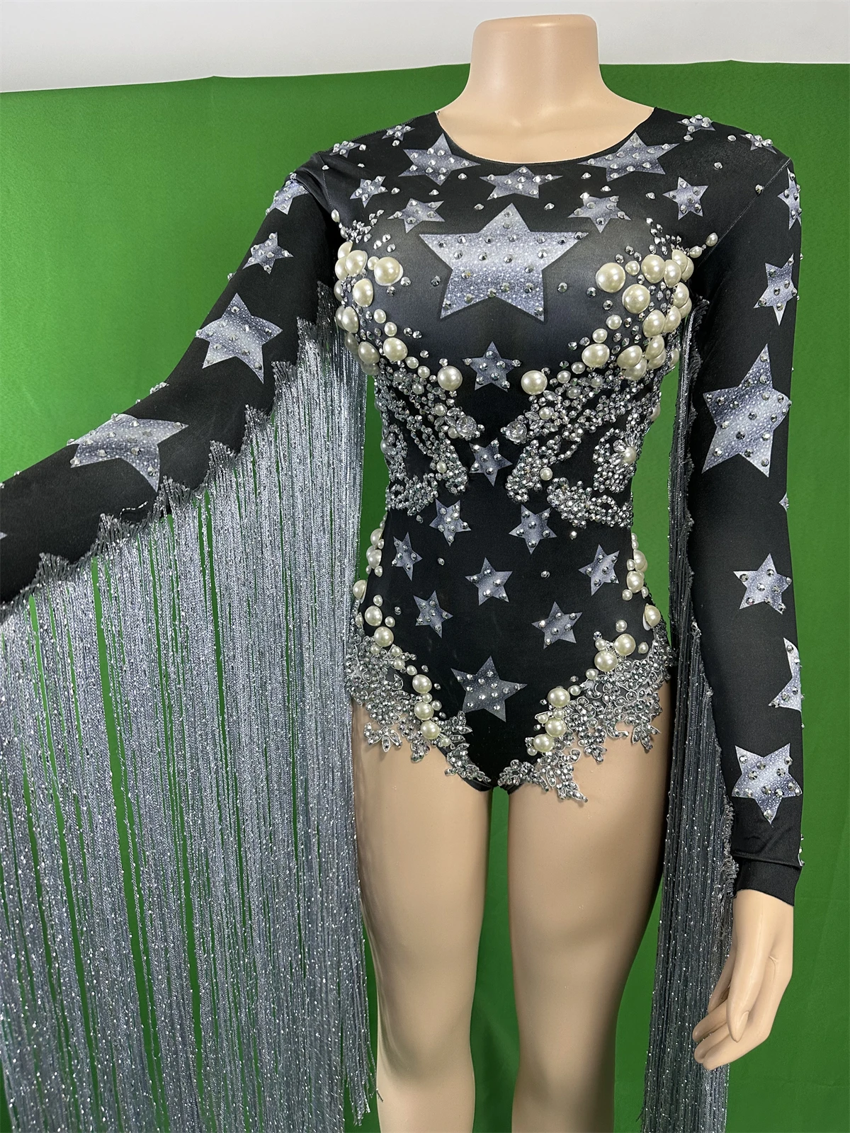 Sparkly Beaded Rhinestones Bodysuits Women Show Performance Star Cheerleader Fringe Singer Dancer Body Suits Drag Queen Costume