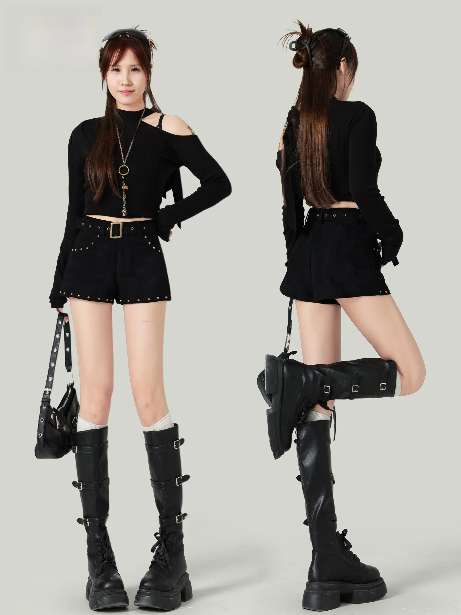 

Черные замшевые шорты с высокой талией для женщин, осень-зима 2025, новый стиль, утягивающие, в американском стиле, с заклепками, А-силуэт, брюки-кюлоты