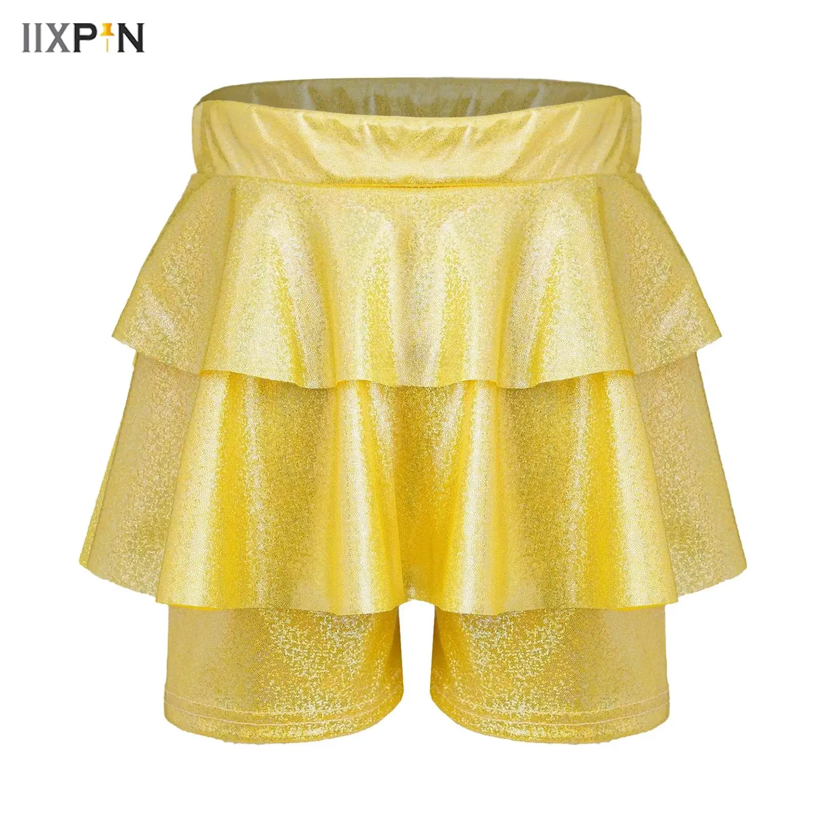 

Kids Girls Dance Skirts Elastic Waistband Metallic Shiny Skirted Shorts Culotte Cheerleading Jazz Dance Performance Clothing