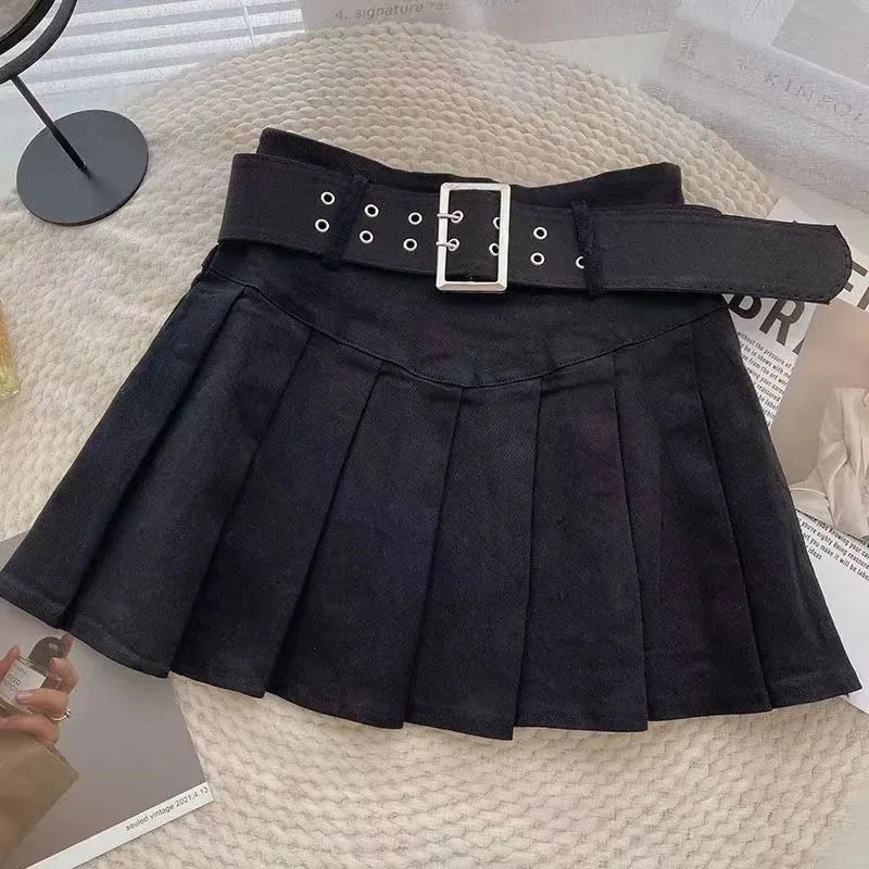 Imagem -04 - Gidyq-minissaia Plissada de Cintura Alta com Cinto para Mulheres Moda Coreana Saias Curtas Sólidas Estilo Kawaii Preppy Linha a Cores Y2k