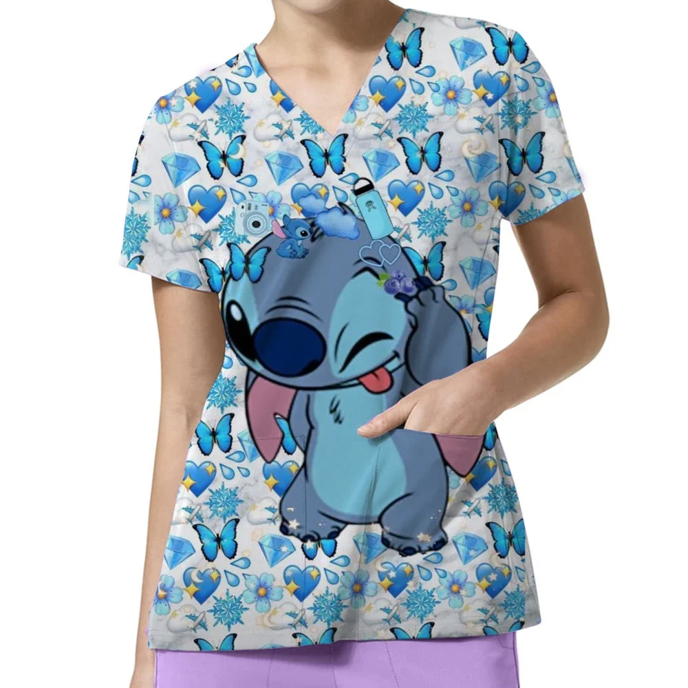 المرأة ممرضة نمط فرك القمم الصيف ديزني غرزة طباعة تي شيرتات قصيرة الاكمام الخامس الرقبة Kawaii الحيوانات الأليفة مستشفى موحدة Y2K #3