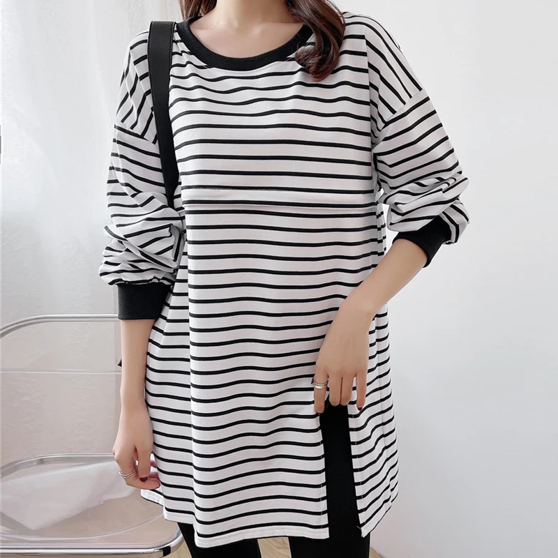 

Полосатый пуловер больших размеров с длинными рукавами, свободные футболки с круглым вырезом для грудного вскармливания, осенняя открытая одежда для беременных и кормящих мам