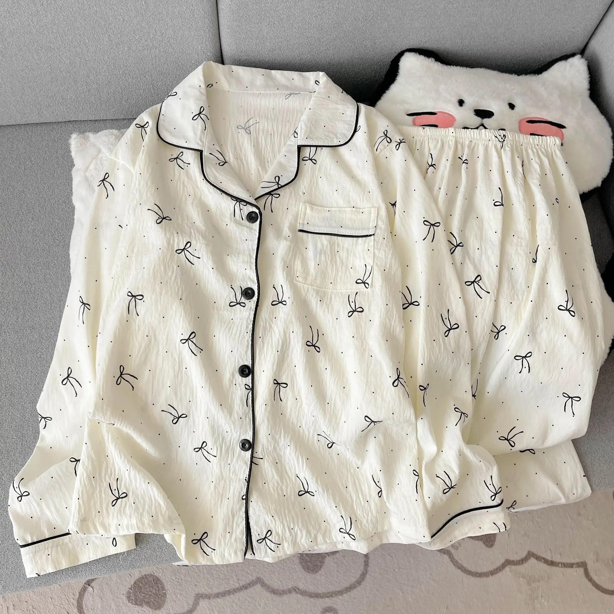Women's Pajama Set 2 Piece Long Sleeve Full Length Pants, Button Down Lapel Collar Bowknot Dot Print Sleepwear Pyjama Loungewear