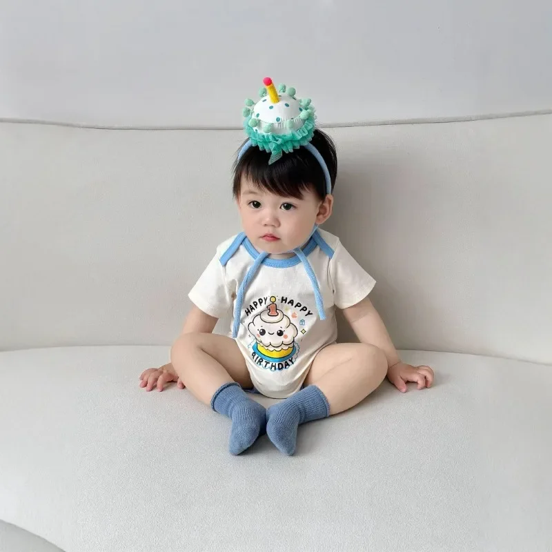 Korean Baby Romper Short Sleeve Onesie Summer Birthday Party Celebration Cute Outfit Newborn Bodysuit Infant Clothes Boys Girls