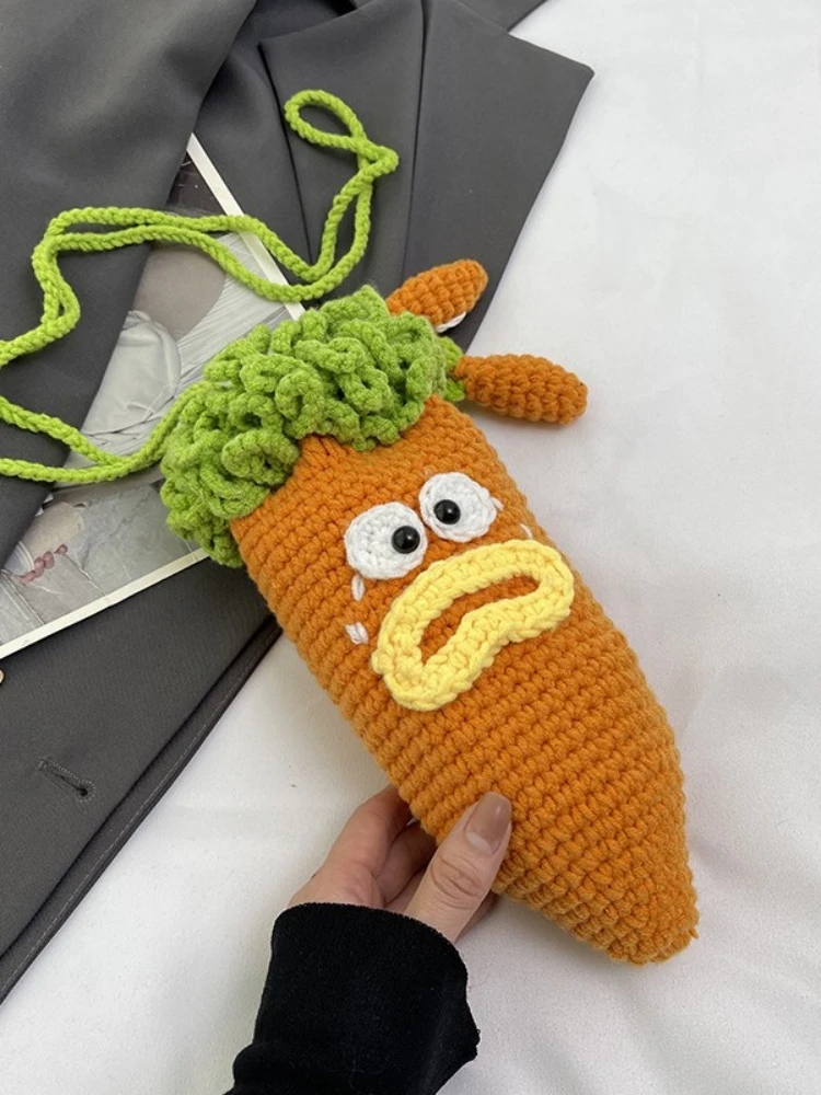 

Cute Crocheted Carrot Shaped Mobile Phone Bag Women's Handbag Crossbody Shoulder Bag Cartoon Knitting Coin Purse Storage Bags