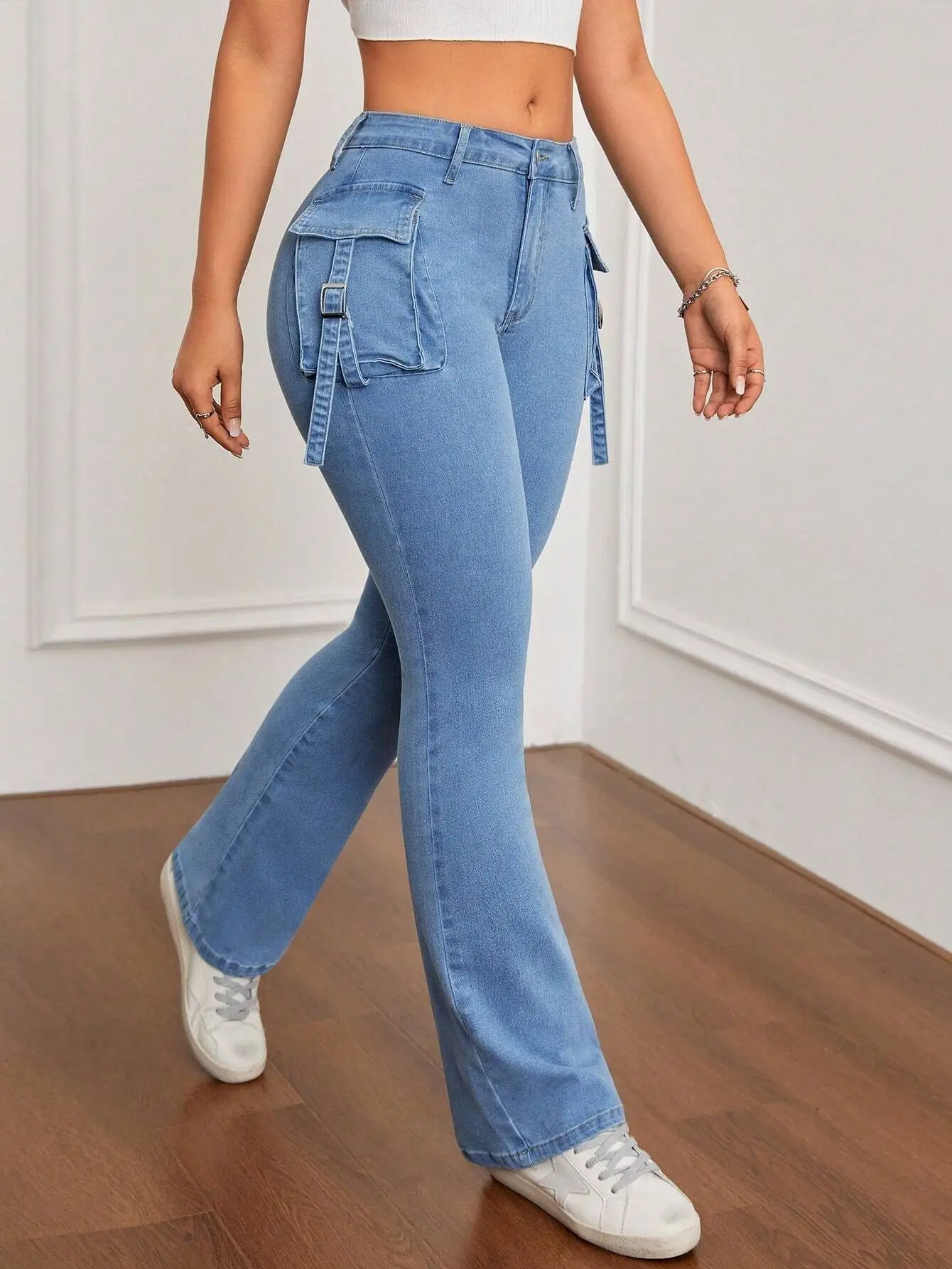 

Women's Flip Up Workwear, Slim Fit Women's Denim Flared Pants, High Elasticity Women's Denim Flared Pants Jeans