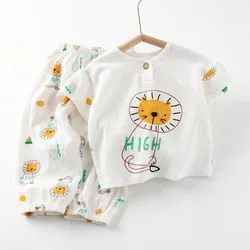 Boys girls Summer Set Baby Short Sleeve Outfit Clothes Soft Muslin Cotton Shirt Linen Suit Tops +Pants 2 PC 2-7 Years