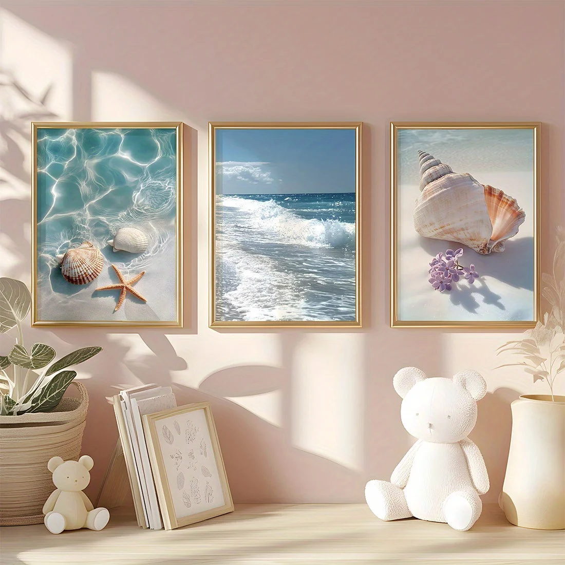 3 قطع من المطبوعات القماشية على الشاطئ، ديكور فني جداري بدون إطار، ملصقات صدف ساحلي ونجم البحر، مثالية لغرفة المعيشة، غرفة النوم #6