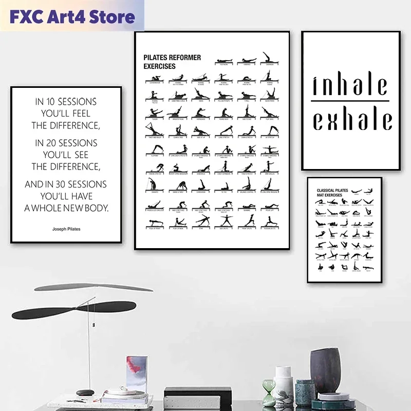 Frameless Pilates Workout Chart Poster Canvas Prints Yoga Room Wall Decor , Pilates Gift BodyBuilding Guide Fitness Gym Painting