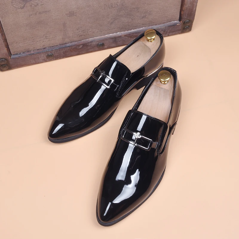 men casual business wedding formal dress bright patent leather shoes slip on lazy driving oxfords shoe black red loafers zapatos