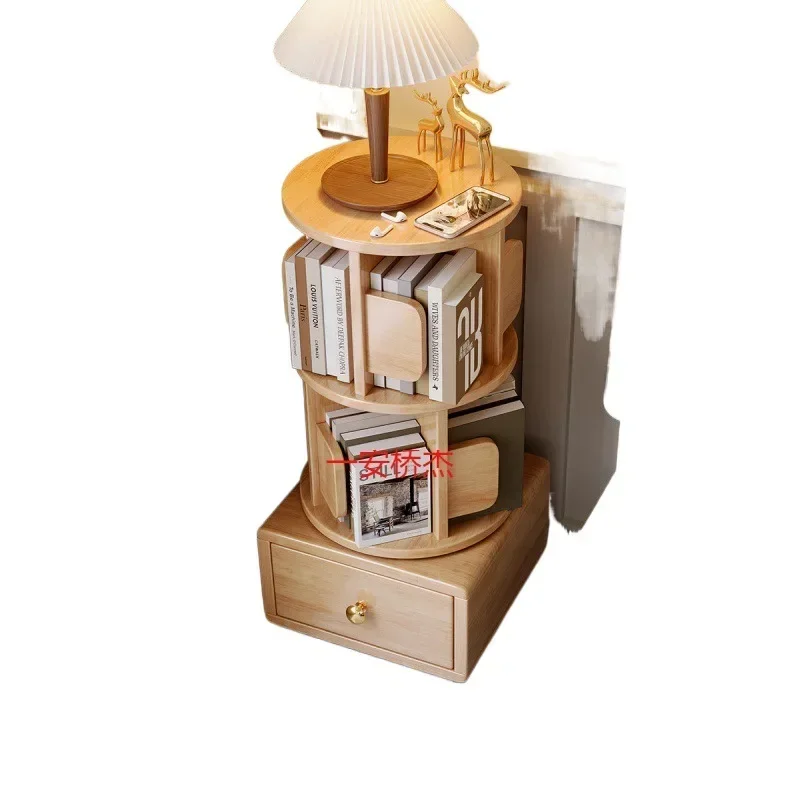 LY all solid wood rotating small bookshelf mobile wheeled bedroom children's bookcase simple bedside table bedside storage