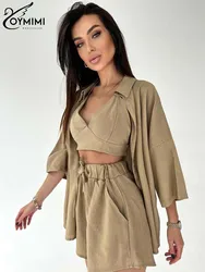 Oymimi Fashion Brown Cotton 3 Piece Sets Women Outfit Elegant Three Quarter Sleeve Shirts And Slip Bra + Drawstring Shorts Sets