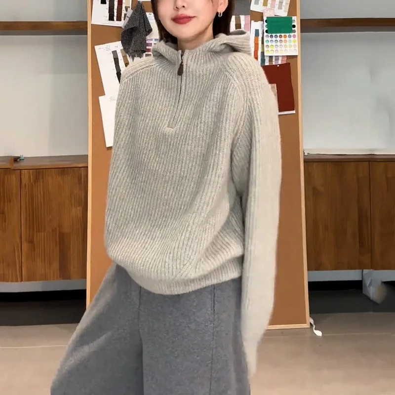 خريف شتاء جديد وصول مريحة أعلى فضفاضة طويلة الأكمام سستة هوديي المرأة محبوك سترة عارضة نمط لون نقي