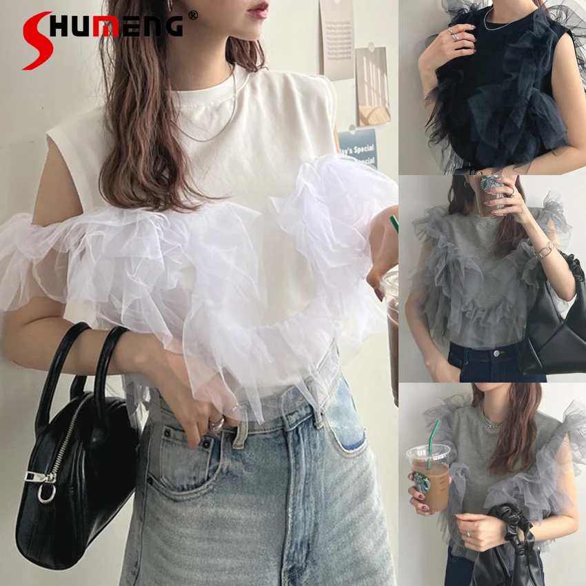 

Fashion Sleeveless Cotton Stitching Mesh Gauze Lace Two-Way Wear T-Shirts Strapless Round Neck Solid Color T-shirt Women's Tops