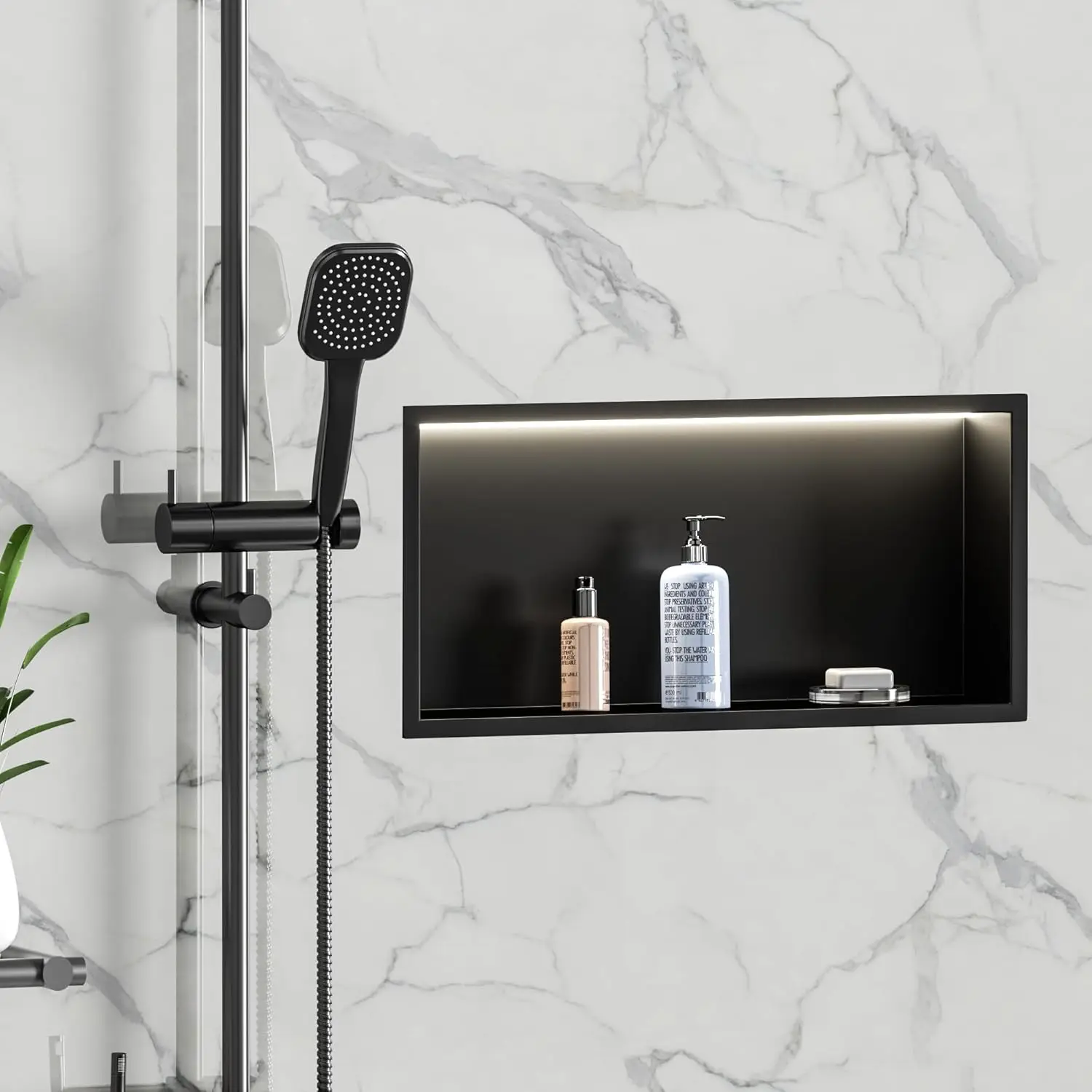 

24"X12" Matte Black Modern Shower Niche, 2-Shelf Stainless Steel Recessed Shelf with LED Light,