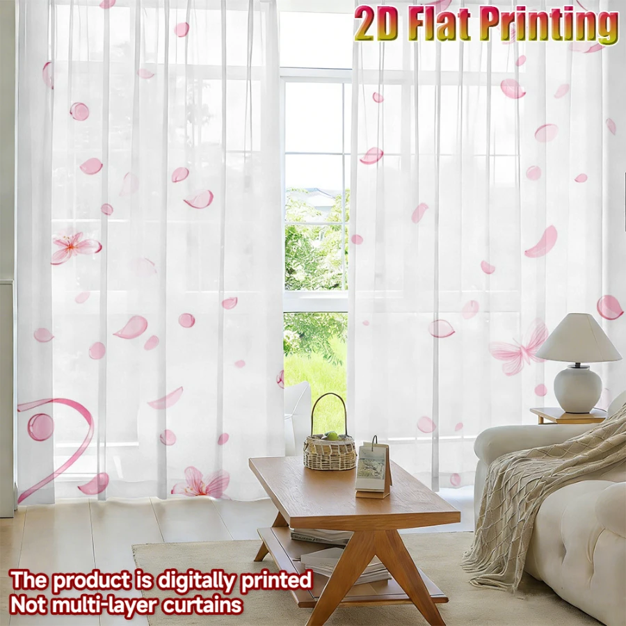 2PCS Digital Print Sheer Curtain, Cherry Blossom Butterflies Dancing Pattern, Dreamy Romantic Japanese Sakura Style Decor