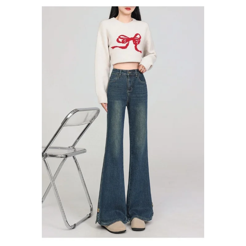 Celana Jeans High-waisted Model Slit Sedikit Melebar, Gaya Retro, Serbaguna, Ramping, Cocok untuk Musim Semi dan Gugur