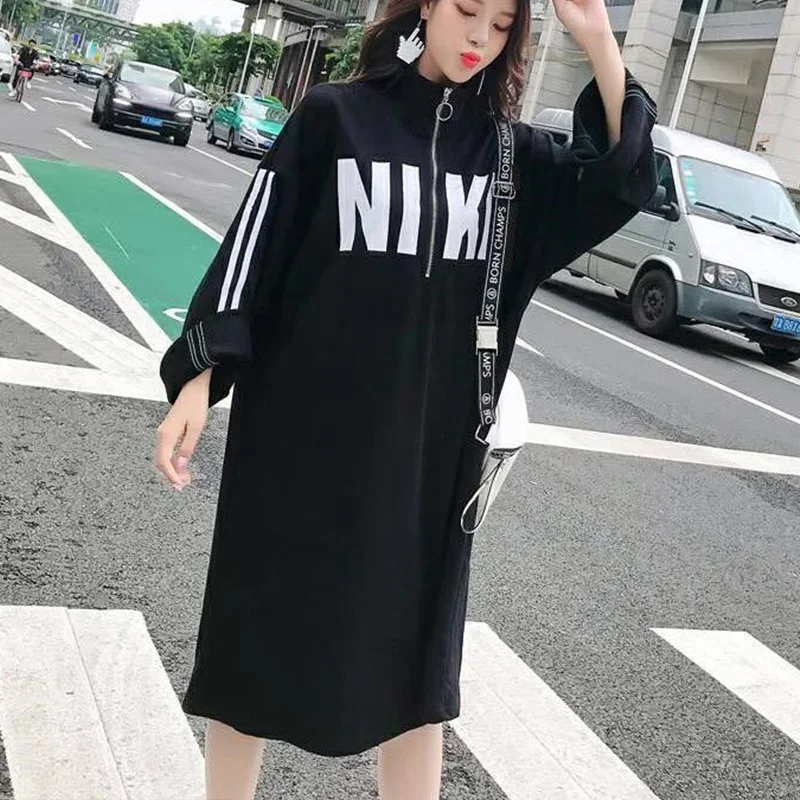 Oversized Autumn Korean Fashion Letter Turtleneck Long Sleeve Casual Dresses Female Street Casual Loose Zipper Pullover Dresses