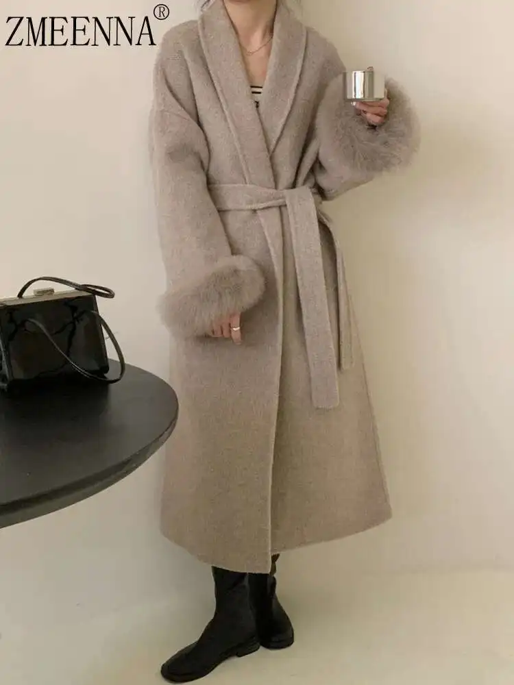 

ZMEENNA Elegant Women's Coat European Style Tide All Match Belt Fur Patchwork Long Sleeve Woolen Coat 2024 Autumn Winter ZM600