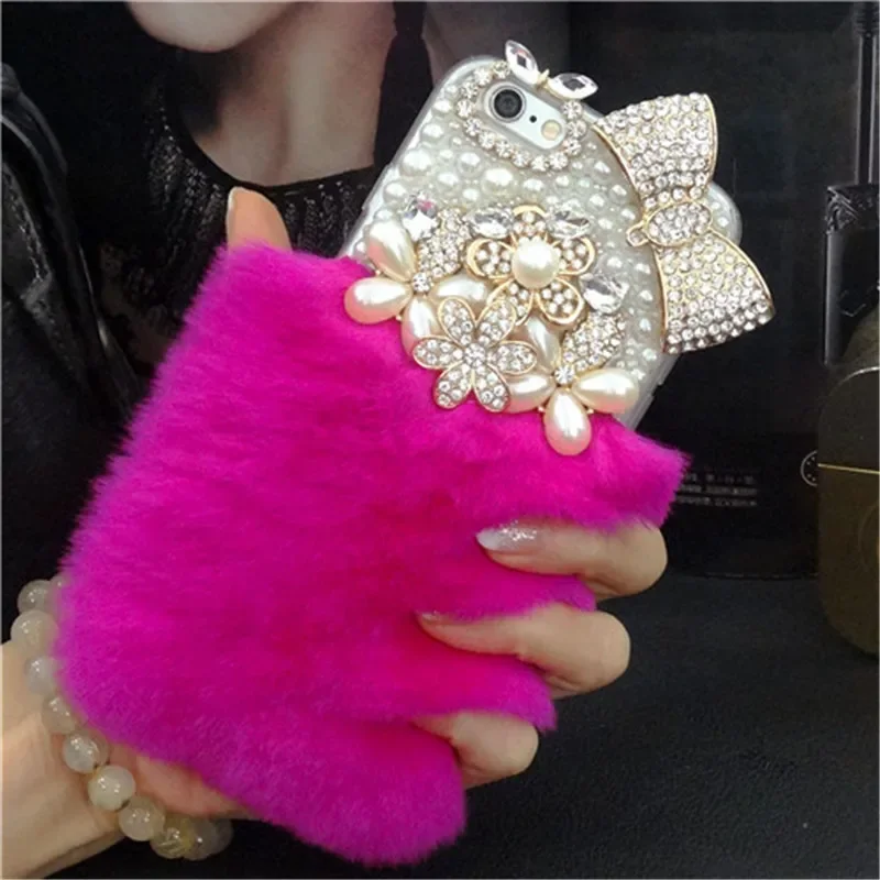 Luxury Bling Pearl Bowknot Flower Phone Case, Warm, Soft, Bear, Rabbit Fur,For iPhone 14, 13, 12, 15 Pro Max, XS, XR, 16 Plus