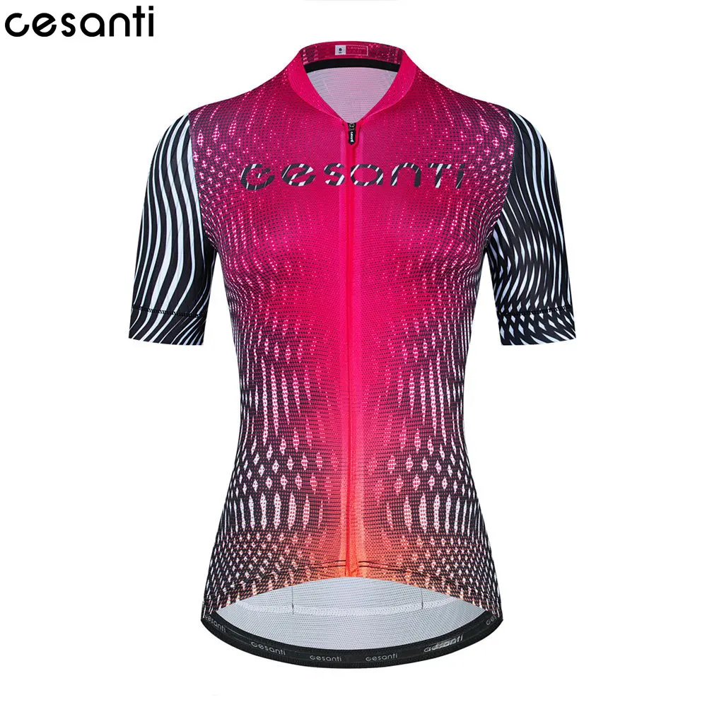 

CESANTI Women Cycling Jersey Short Sleeve Pro Bike Clothing Breathable Full Zipper Female MTB Non-slip Band Wear