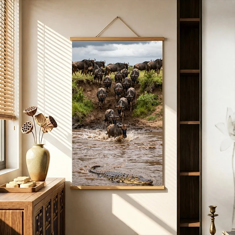 Wall Decorations African Savanna Wildlife and Ocean Horizons, Pearlescent Canvas Hanging Scroll for Safari Lodge Interior Decor