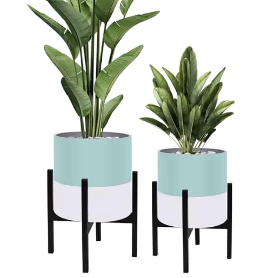

10 12 Inches Indoor Plant Pots with Stand, Plastic Drainage Pots in White and Green, Modern Large Planters for Living Room, Off