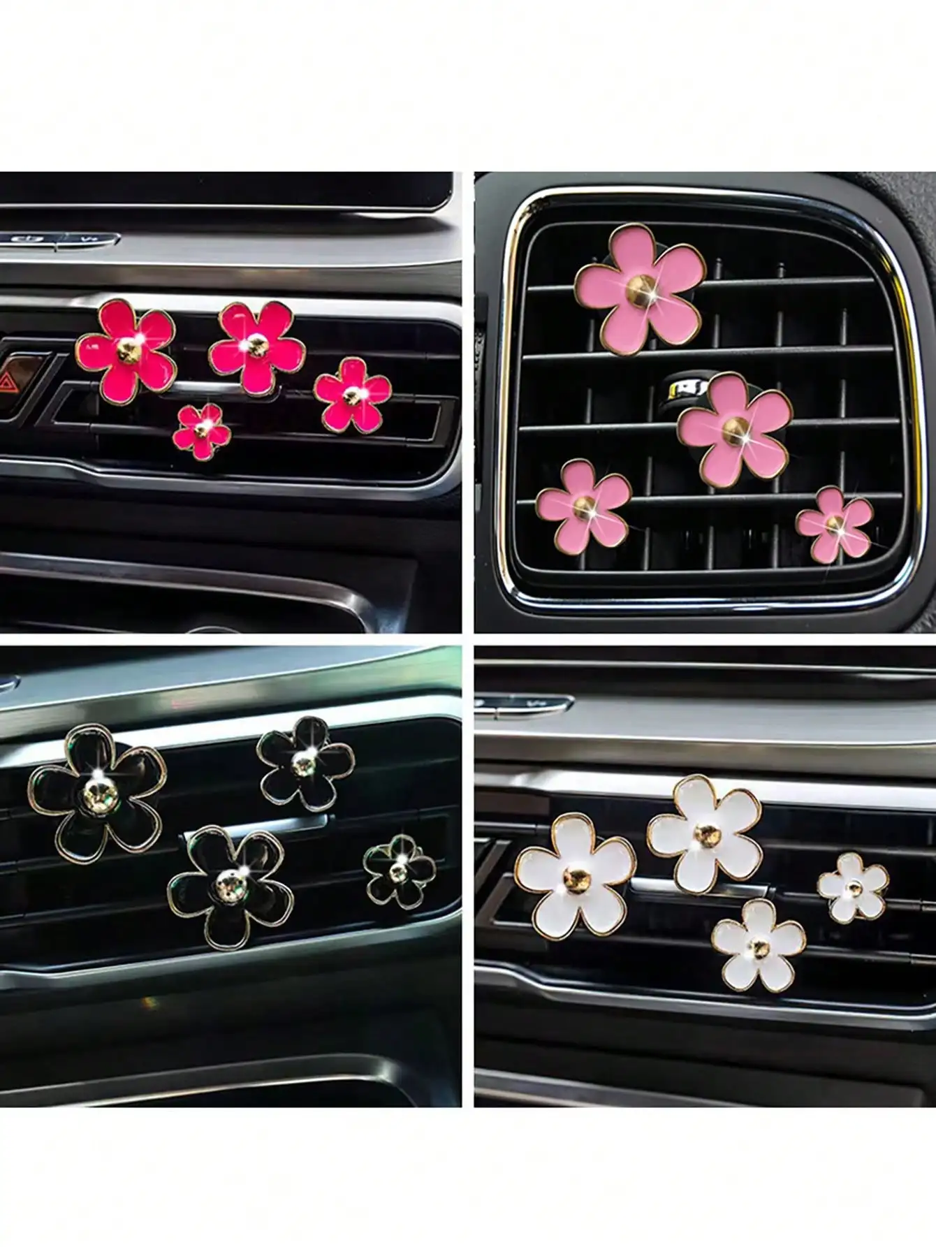 

4-Pack Floral Car Air Vent Clips with Rhinestone Center - Decorative Scented Accessories
