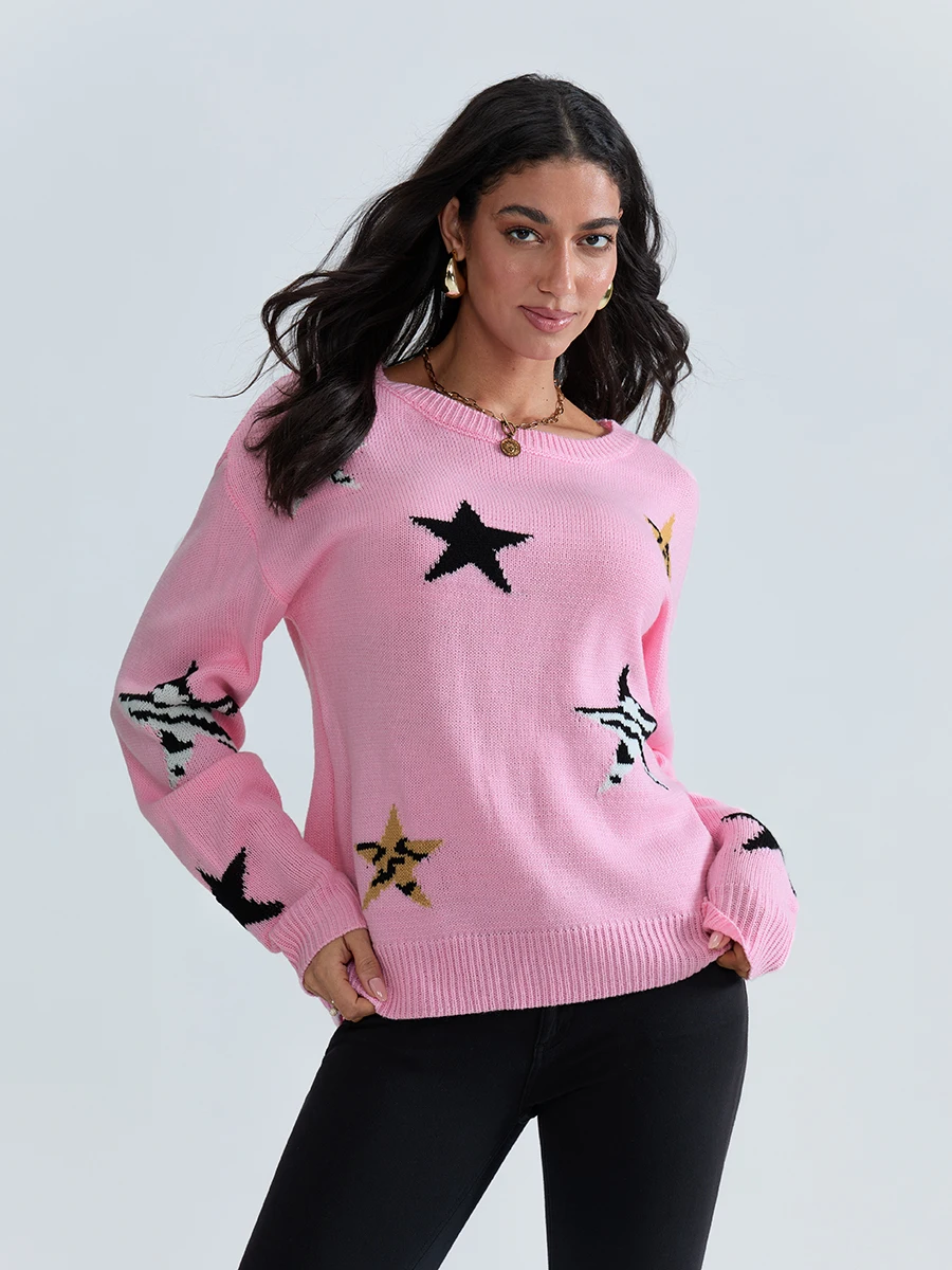 New Fashion Women Star Print Sweaters Casual Long Sleeve Round Neckline Knit Pullover Tops Skin Friendly Hot Sale S M L