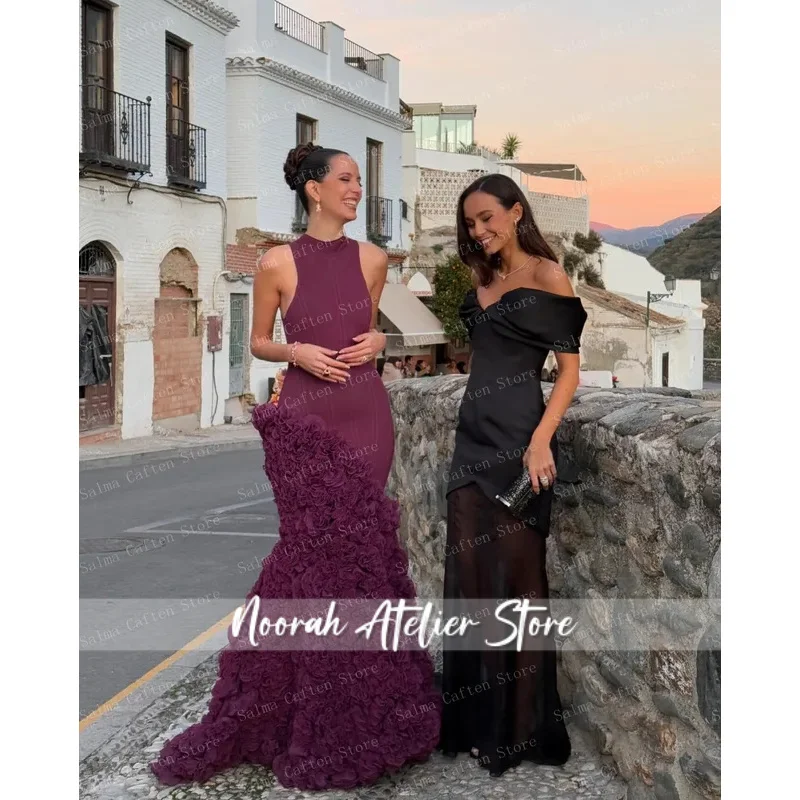 Deep Purple Elegant Evening Dress with High Neckline and Layered Ruffles | Fitted Bodice and Mermaid Silhouette | Sleeveless Ope