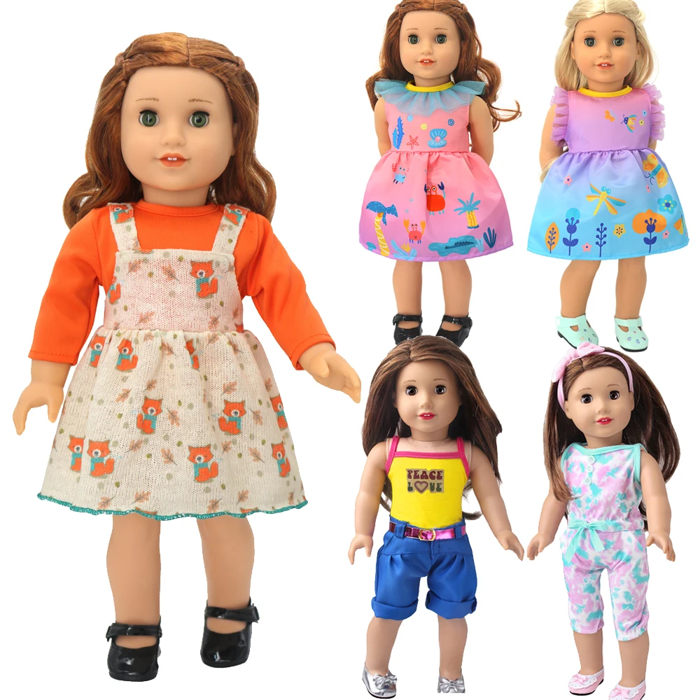 Doll Clothes Fit 45cm Toy American Doll Fashion Cartoon Gauze Dress Shirt Pants Shoes Girls Gifts