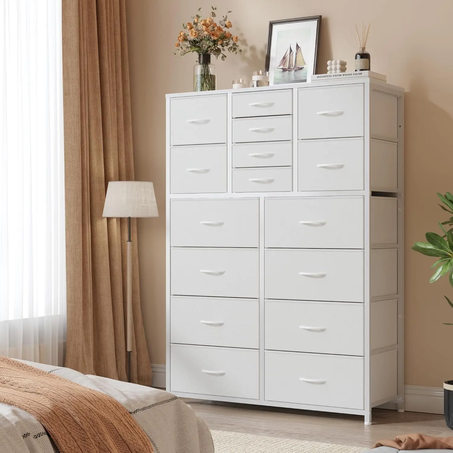 White Dresser,Dresser for Bedroom with 16 Drawers, Tall Dressers & Chests of Drawers with Wood Top, Metal Frame,Tall