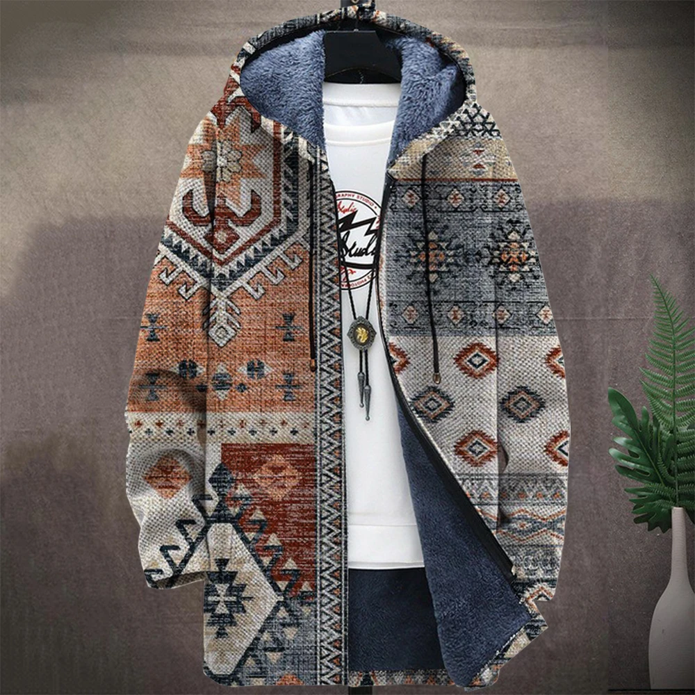 Men'S Native Retro Block Graphic Winter Coat Print Pattern Knitted Sweater Cardigan Zipper Hooded Thick Fleece For Youth